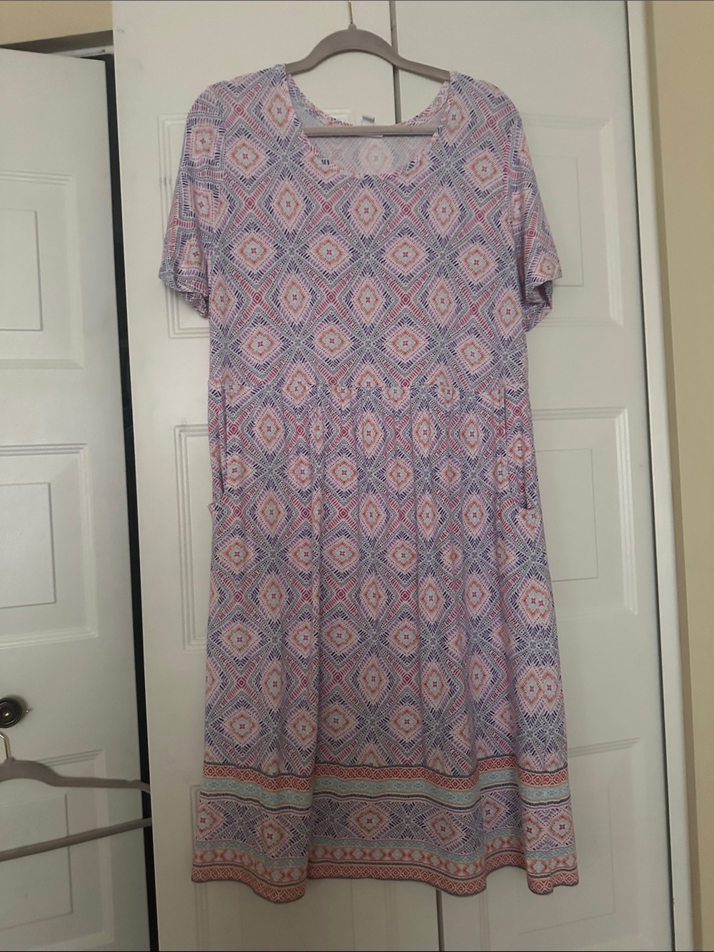 J. Jill Lavender and Coral Geometric Short-Sleeve Midi Dress